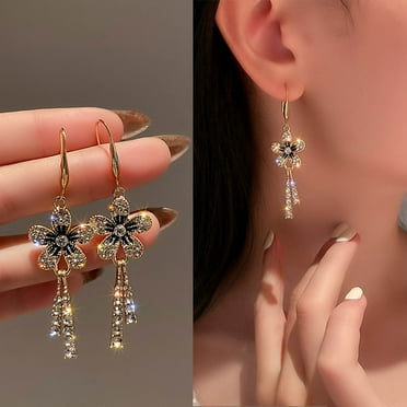 Long Fashion Flower Tassel Earrings Full Diamond Earrings Rhinestone Long Tassels Dangle Earrings for Women