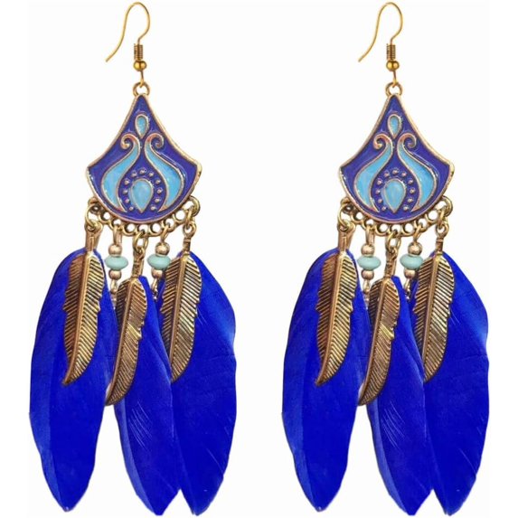 Long Feather Dangle Drop Statement Earrings for Women Gold-Toned Bohemian Enamel Fan Shaped Leaf Turquoise Beads Fringe Tassel Dangling Studs Earring Lightweight Fish Hook Vintage Ethnic Jewelry