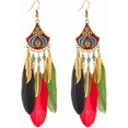thumbnail image 1 of Long Feather Dangle Drop Statement Earrings for Women Gold-Toned Bohemian Enamel Fan Shaped Leaf Turquoise Beads Fringe Tassel Dangling Studs Earring Lightweight Fish Hook Vintage Ethnic Jewelry, 1 of 12