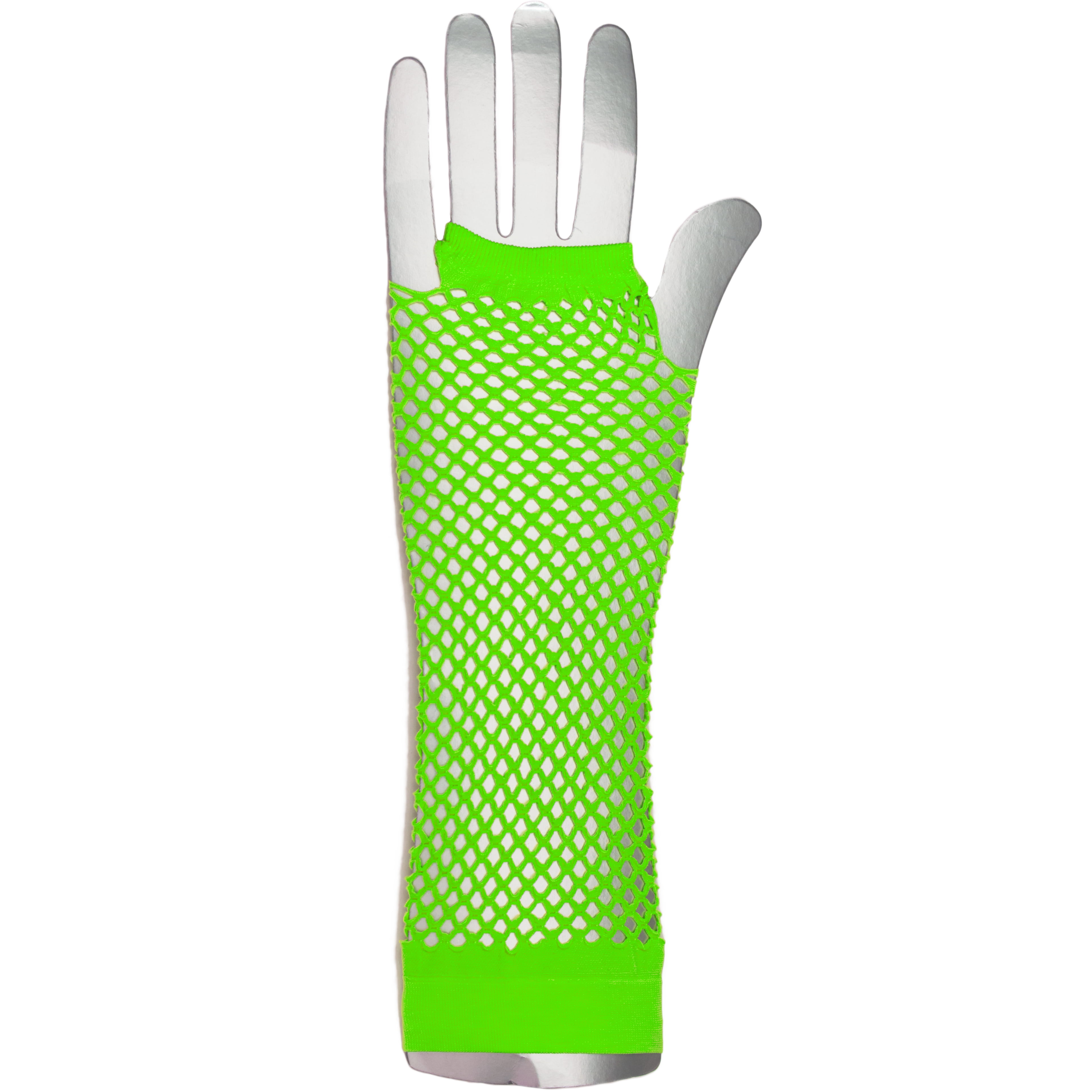 Long Fingerless Rave Neon 80's Costume Fishnet Gloves, One-Size, Green