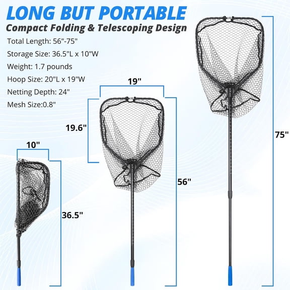 Long Fishing Net, Foldable Landing Net with Telescoping Handle, Rubber Netting, Lightweight & Strong, Length 56″-75″, Hoop Size 20″ x 19″, Depth 20″, 25 lbs.Capacity