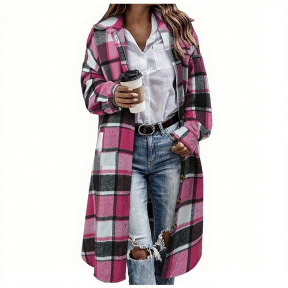 Long Flannel Jackets Women - Button Up Plaid Shirt Casual Travel Long Sleeve Plaid Jackets with Shirt Collar Pockets