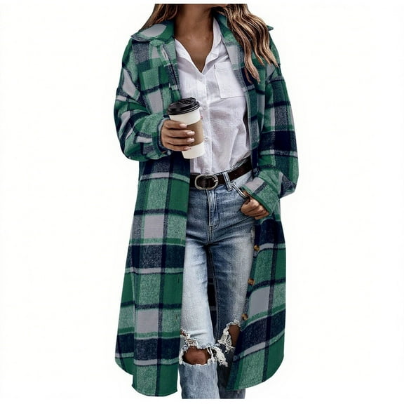 Long Flannel Jackets Women - Button Up Plaid Shirt Casual Travel Long Sleeve Plaid Jackets with Shirt Collar Pockets