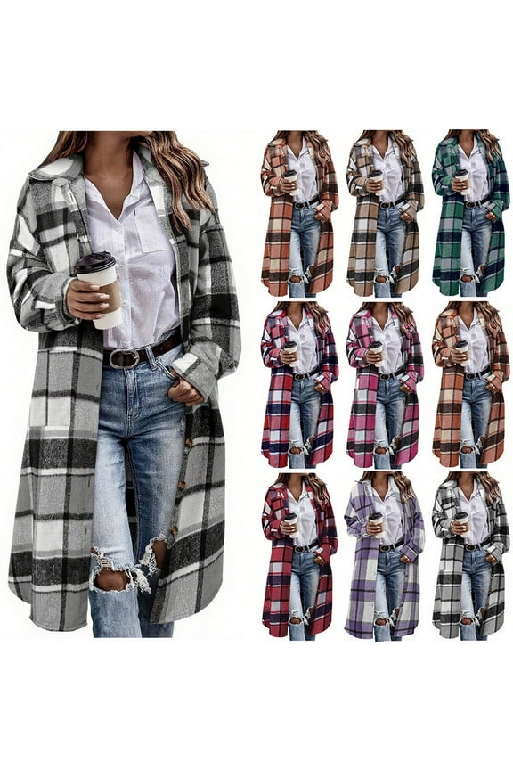 Long Flannel Jackets Women - Button Up Plaid Shirt Casual Travel Long Sleeve Plaid Jackets with Shirt Collar Pockets