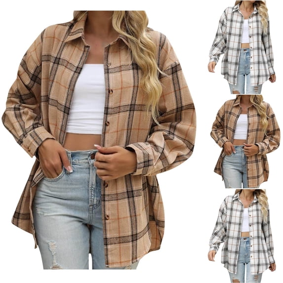 Long Flannel Jackets Women - Long Sleeve Plaid Shirt for Women with Chest Pocket - Lapel Collar Button up Flannel Tops for Fall Jackets Casual Blouses Outdoor Wear