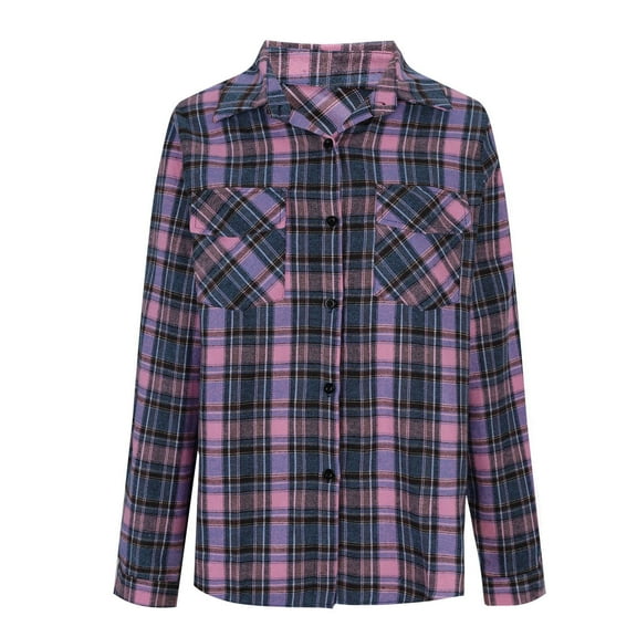Long Flannel Jackets Women - Womens Flannel Shirts, Button-up Long Sleeve Plaid Shirt Collared Casual Blouses Tops with 2 Pockets