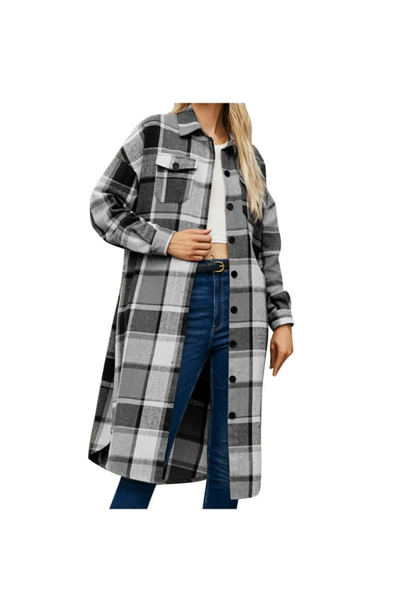 Long Flannel Plaid Jackets for Women, 2025 Womens Fall Fashion Button Down Collared Shirt Retro Mid-length Coat (Medium, Gray)