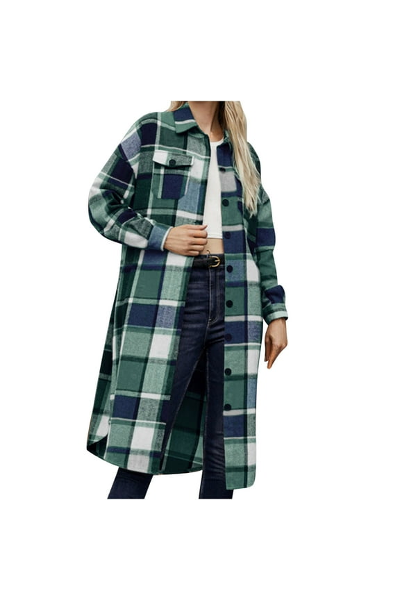 Long Flannel Plaid Jackets for Women, 2025 Womens Fall Fashion Button Down Collared Shirt Retro Mid-length Coat (X-Large, Green)