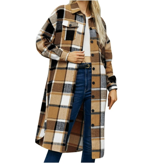 Long Flannel Plaid Jackets for Women, 2025 Womens Fall Fashion Button Down Collared Shirt Retro Mid-length Coat (X-Large, Yellow)
