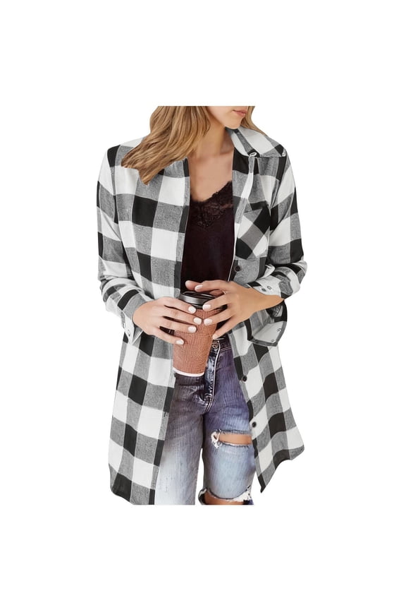 Long Flannel Shirt Women Buffalo Plaid Button Down Long Sleeve Shacket Fall Jacket Fashion Clothes Outfits