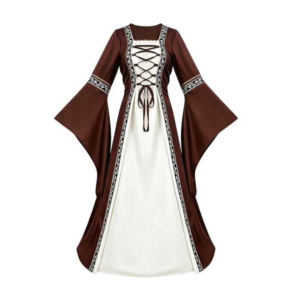 Long Flare Sleeve Fantasy Outfit, Lace Up Trimmed Medieval Overcoat Dress, Long Flare Sleeve Two Piece Renaissance Cosplay Gown for Halloween Noble Themed Party, Brown XXL