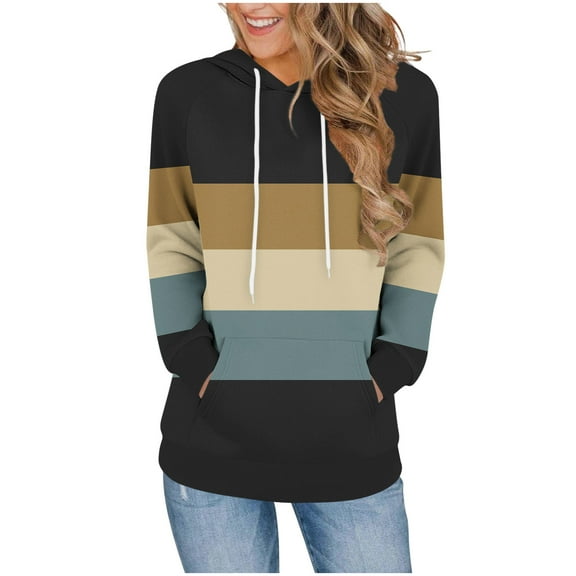 Long Fleece Hoodies for Women Color Block Striped Pullover Sweatshirt with Front Pocket Drawstring Hooded Tops (2XL, Khaki)