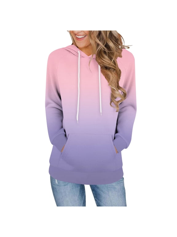 Long Fleece Hoodies for Women Color Block Striped Pullover Sweatshirt with Front Pocket Drawstring Hooded Tops (2XL, Pink|Gradient)