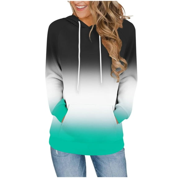 Long Fleece Hoodies for Women Color Block Striped Pullover Sweatshirt with Front Pocket Drawstring Hooded Tops (M, Army Green|Gradient)