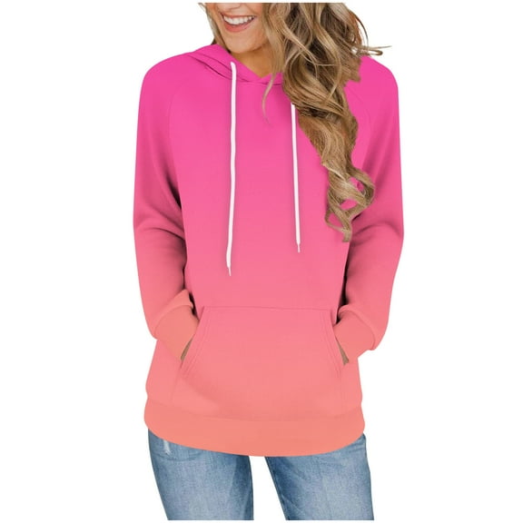 Long Fleece Hoodies for Women Color Block Striped Pullover Sweatshirt with Front Pocket Drawstring Hooded Tops (XL, Hot Pink|Gradient)