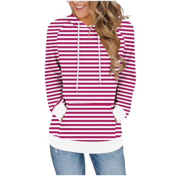 Long Fleece Hoodies for Women Color Block Striped Pullover Sweatshirt with Front Pocket Drawstring Hooded Tops (XL, Hot Pink|Stripes)