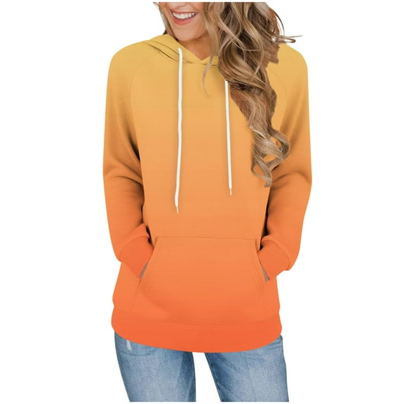 Long Fleece Hoodies for Women Color Block Striped Pullover Sweatshirt with Front Pocket Drawstring Hooded Tops (XL, Orange|Gradient)