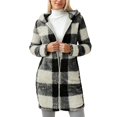 thumbnail image 1 of Long Fleece Jacket For Reversible Zip Front Coat With Checkered Print Winter Warm Soft Outerwear Full Length Cozy LoungewearBlackL, 1 of 5