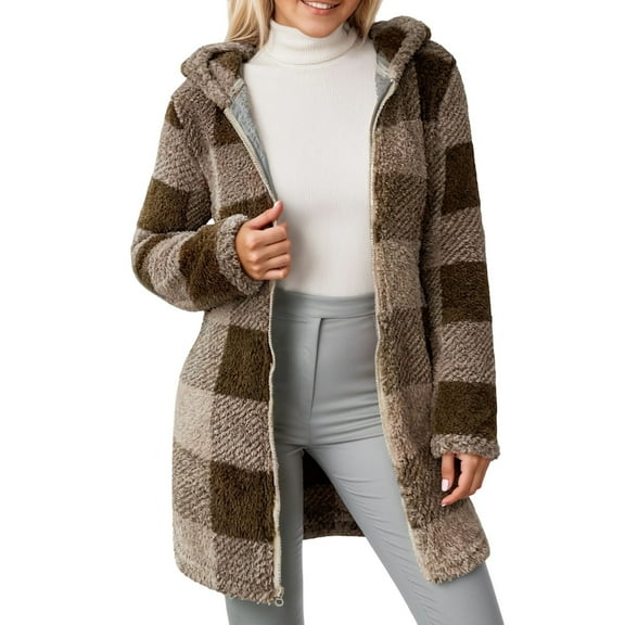 Long Fleece Jacket For Reversible Zip Front Coat With Checkered Print Winter Warm Soft Outerwear Full Length Cozy LoungewearCoffeeXS