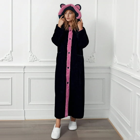Long Robe for Women Plush Women's Hooded Nightgown with Ears Warm Sleepwear (Black XXXS)