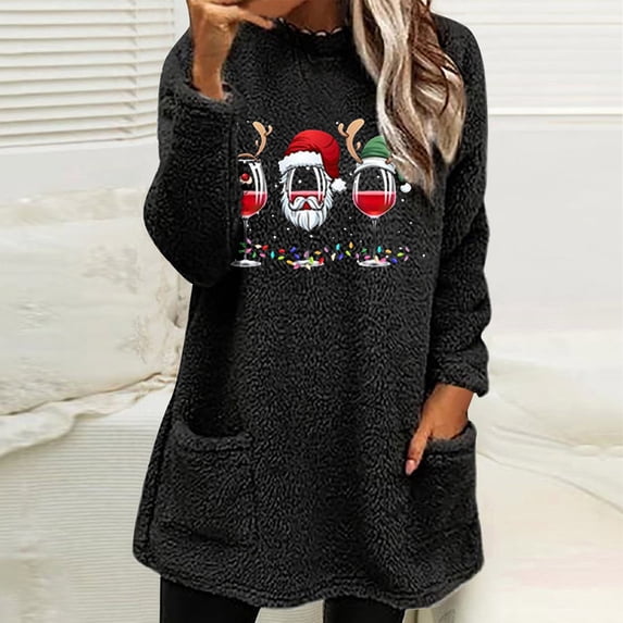 Long Fleece Sweatshirt for Women Merry Christmas Graphic Pullover Tops Fuzzy Sherpa Long Sleeve Outwear with Pockets
