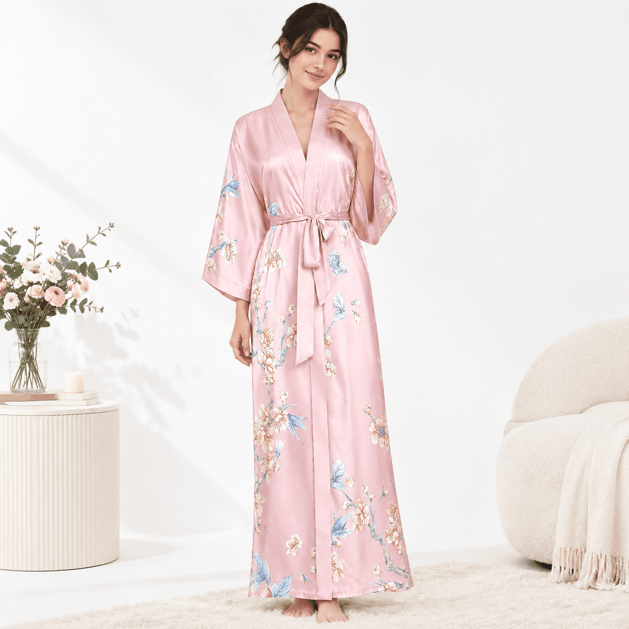 Light Long Robe Long Flkimono Robe For Women Silky Lightweight Satin Lounge With ...