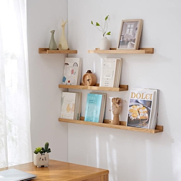 Long Floating Shelf 36 Inch Natural Wood Shelves, Rustic Display Books Picture Ledge Shelf for Wall Mounted, Natural Solid Oak Wood Shelf, Easy to Install, Natural Color, 36 *4 *1.5 (1 Pack)
