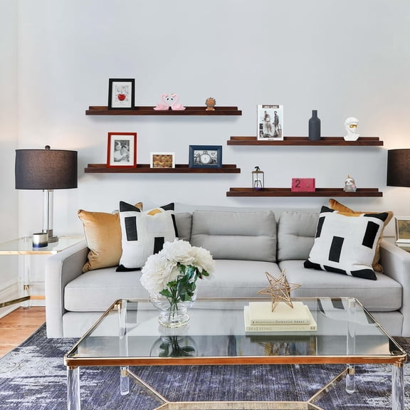 Long Floating Shelves Set of 4, Wood Picture Shelf for Wall with Ledge, Photo Frames Display Shelves Wall Mounted Rustic for Living Room Bedroom Kids Nursery, Home Decor Dark Walnut (36 Inches )