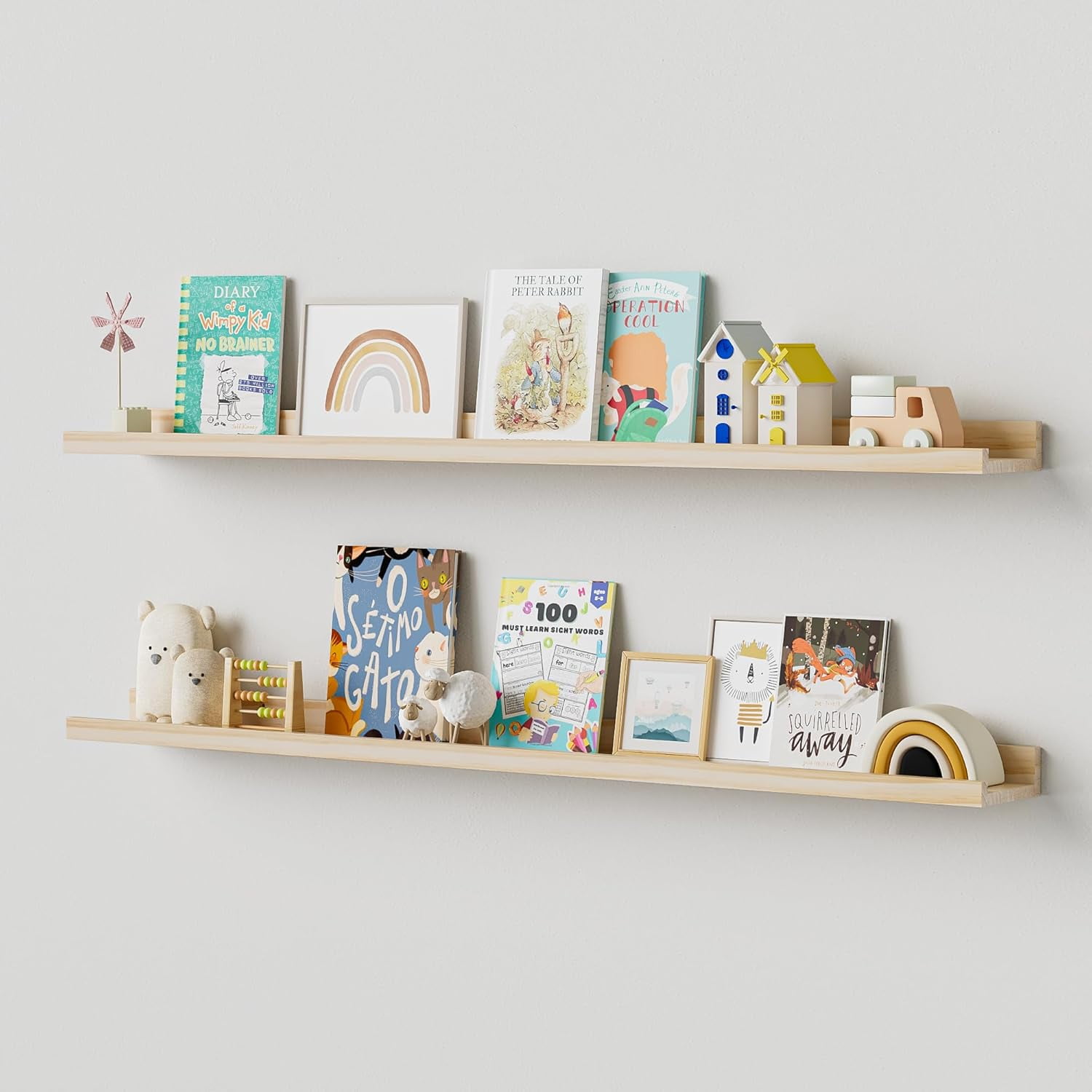 Long Floating Shelves for Wall, 48 inch Solid Wood Picture Ledge Shelf, Picture Shelf for Wall with Ledge, Floating Book Shelves for living room Bedroom Nursery Decor, Natural Unfinished, Set of 2
