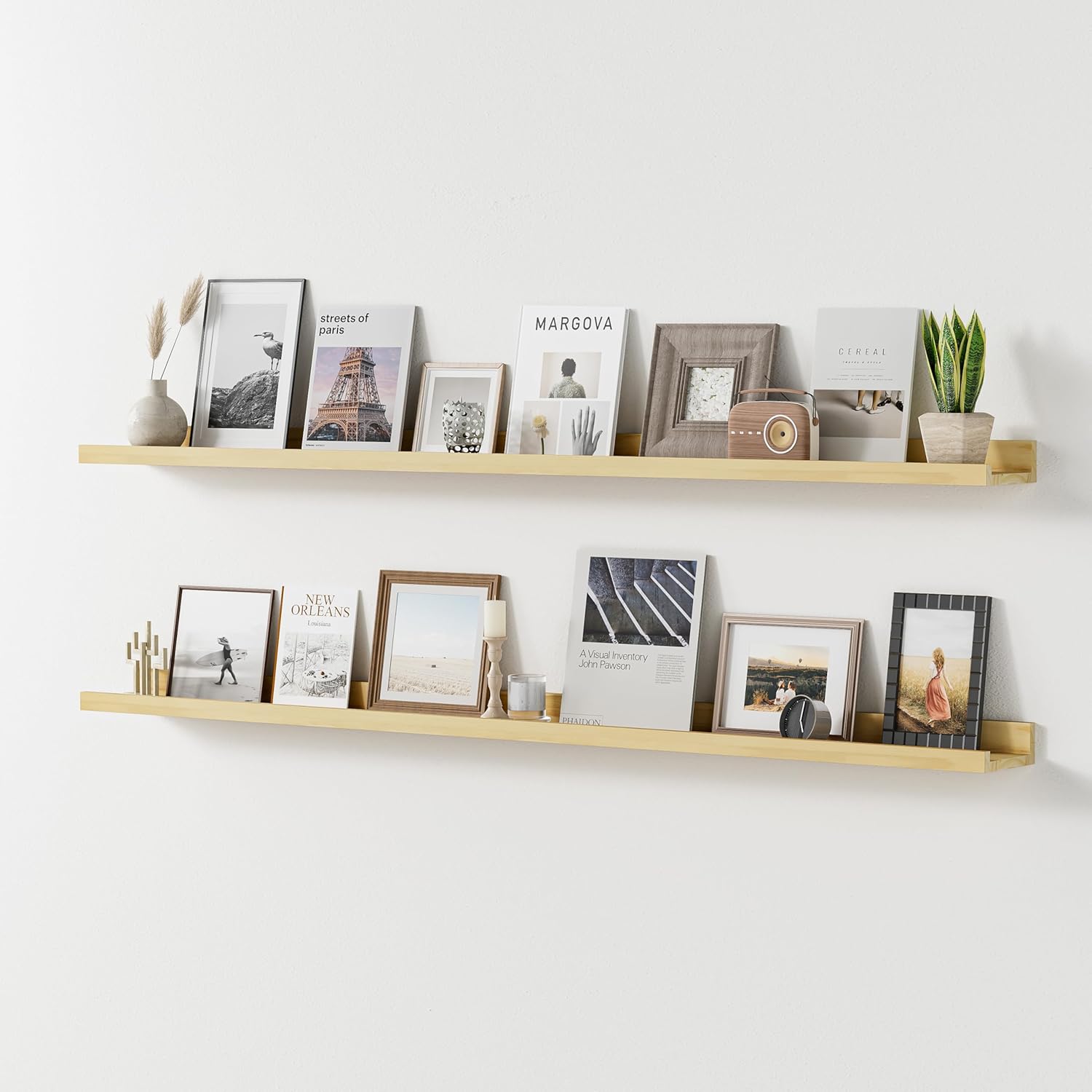 Long Floating Shelves for Wall, 56 inch Solid Wood Picture Ledge Shelf, Picture Shelf for Wall with Ledge, Floating Book Shelves for living room Bedroom Nursery Decor, Natural Finished, Set of 2