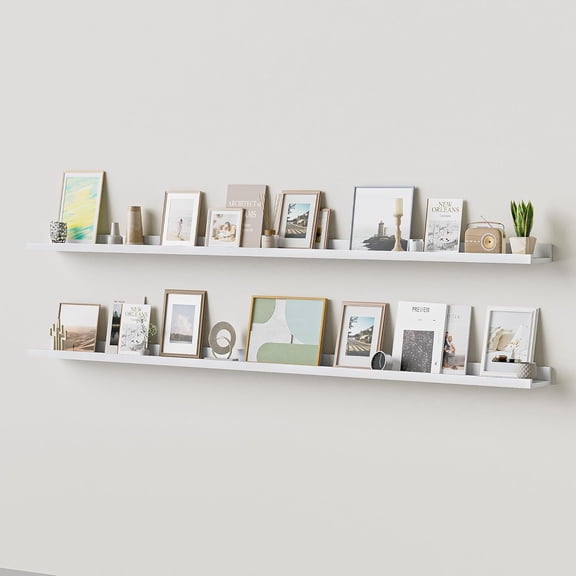 Long Floating Shelves for Wall, 72 inch Solid Wood Picture Ledge Shelf, Picture Shelf for Wall with Ledge, Floating Book Shelves for Living Room Bedroom Kitchen Nursery Decor, White, Set of 2
