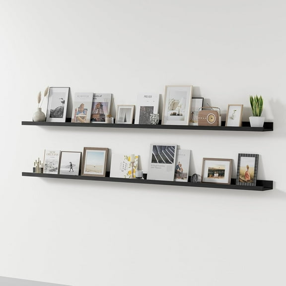 Long Floating Shelves for Wall, 72 inch Solid Wood Picture Ledge Shelf, Picture Shelf for Wall with Ledge, Floating Book Shelves for Living Room Bedroom Kitchen Nursery Decor, Black, Set of 2