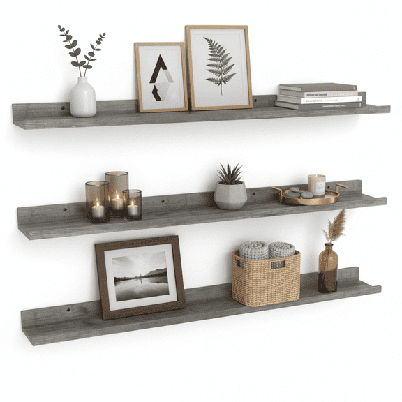 Long Floating Shelves for Wall Set of 3, 47 Inch Gray Picture Ledge Shelf for Bathroom, Bedroom, Kitchen, Living Room Storage and Decoration