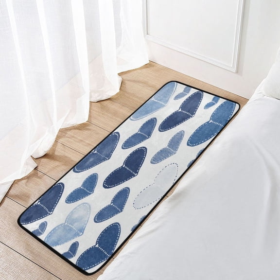 Long Floor Mat Hallway Carpet 39x20inch Non-slip Entrance Carpet for Living Room Bedroom Kitchen Denim Heart Pattern