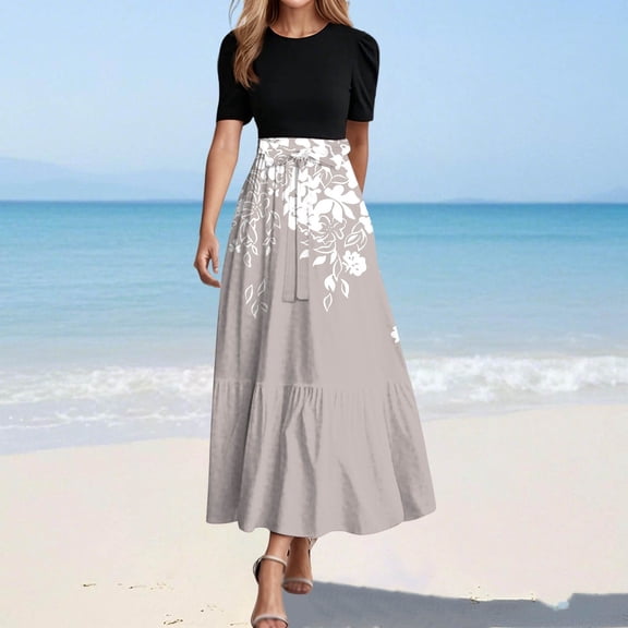 Long Floral Dresses For Women 2025 Elegant Boho Tie Belted Patchwork Empire Waist Short Sleeve Flowy Maxi Dress Petite Dress with Pockets Summer Wrap Dress for Women Midi Dress with Slit Womens Wrap