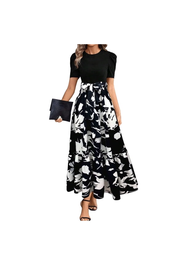Long Floral Dresses for Women 2025 Elegant Boho Tie Belted Patchwork Empire Waist Short Sleeve Modest Flowy Maxi Dress, 2026 New Limit time off