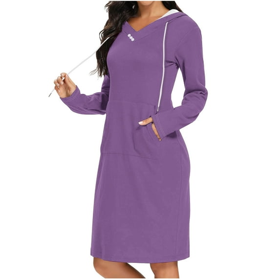 Long Flowy Dresses for Women Long Sleeve Hooded Dress for Women with Pocket Hoodie Dress Fall Sweatshirts Midi Dress Cute Fall Dresses for Women S-88 Purple XXL