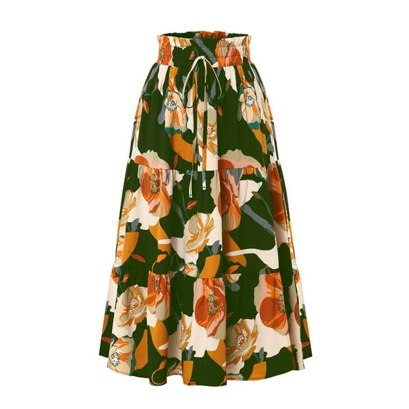 Llgiddwo Long Flowy Skirts for Women Fashion Women Casual Beach Summer Floral Skirt Elastic Waist Maxi Skirt with Drawstring