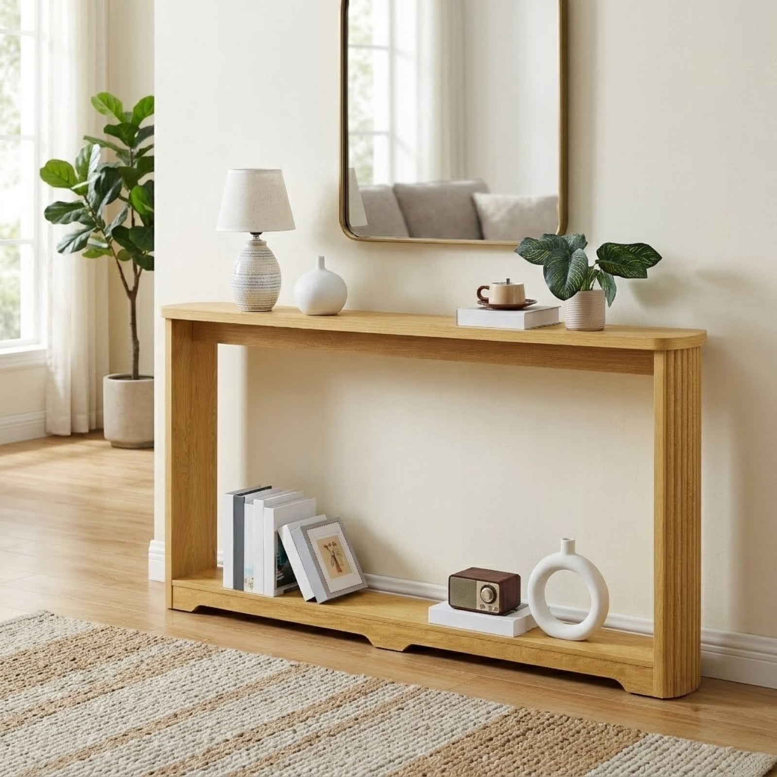 Long Fluted Console Table, Narrow Sofa Table Behind Couch with Arc Corner Design for Entryway, Industrial Farmhouse Hallway Table for Living Room, Foyer