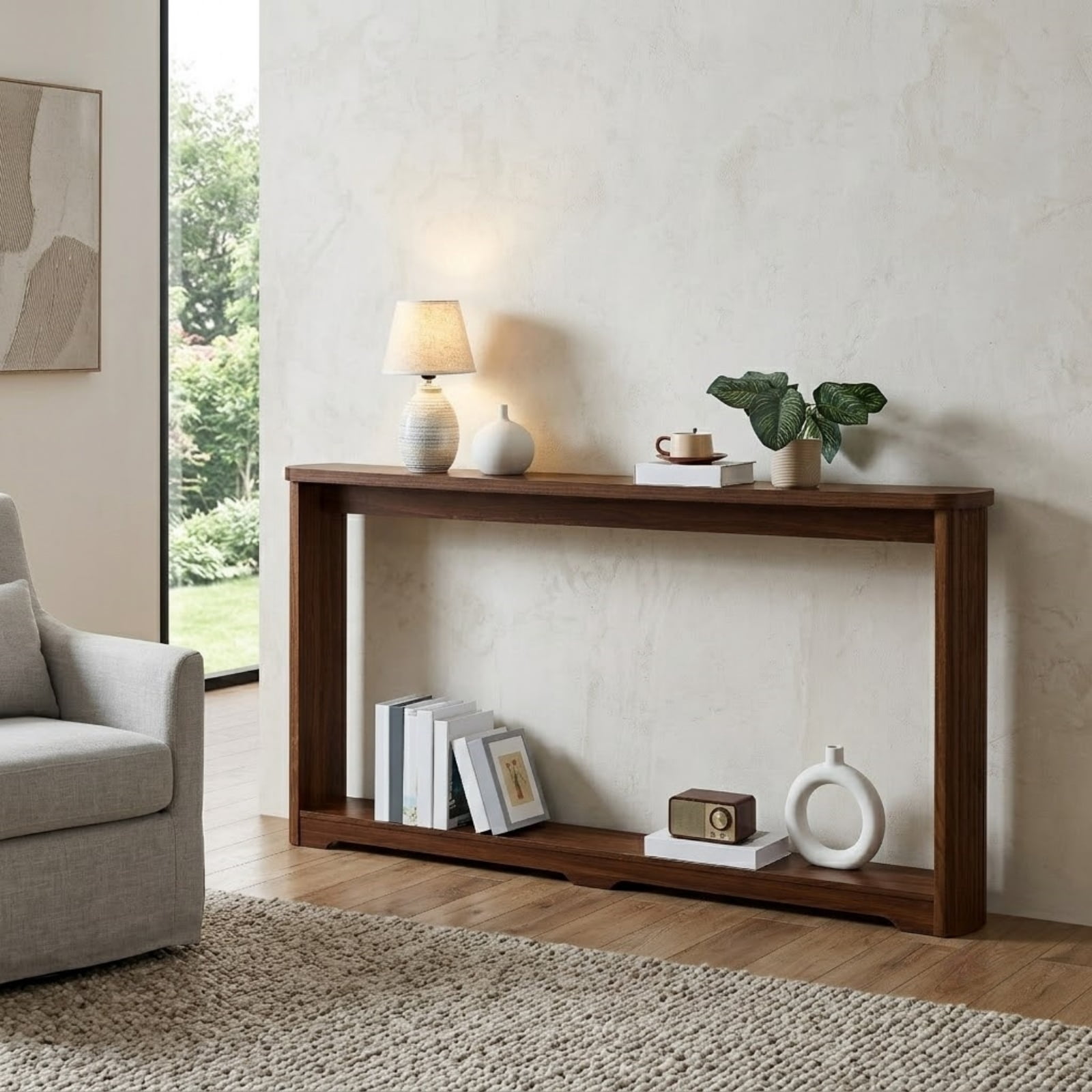 Long Fluted Console Table, Narrow Sofa Table Behind Couch with Arc Corner Design for Entryway, Industrial Farmhouse Hallway Table for Living Room, Foyer