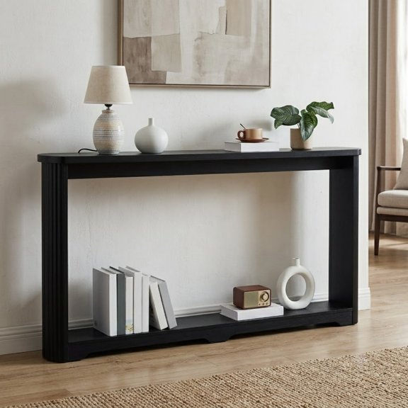 Long Fluted Console Table, Narrow Sofa Table Behind Couch with Arc Corner Design for Entryway, Industrial Farmhouse Hallway Table for Living Room, Foyer