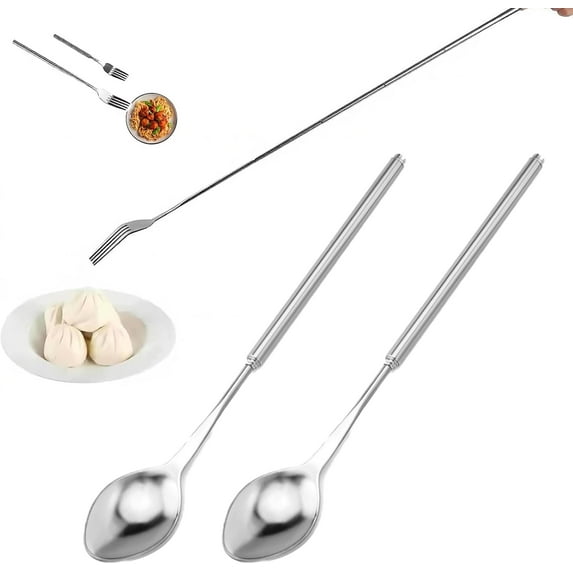 Long Fork Prank Retractable - 8.5 to 24" Telescopic Extended Comically Long Spoon Set, Stainless Steel Expandable Handle Cutlery Tableware, Extendable Dinner Dessert BBQ Fruit Telescoping Fork