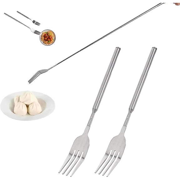Long Fork Prank Retractable - 8.5 to 24" Telescopic Extended Comically Long Spoon Set, Stainless Steel Expandable Handle Cutlery Tableware, Extendable Dinner Dessert BBQ Fruit Telescoping Fork