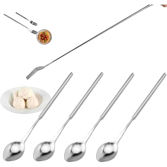 Long Fork Prank Retractable - 8.5 to 24" Telescopic Extended Comically Long Spoon Set, Stainless Steel Expandable Handle Cutlery Tableware, Extendable Dinner Dessert BBQ Fruit Telescoping Fork