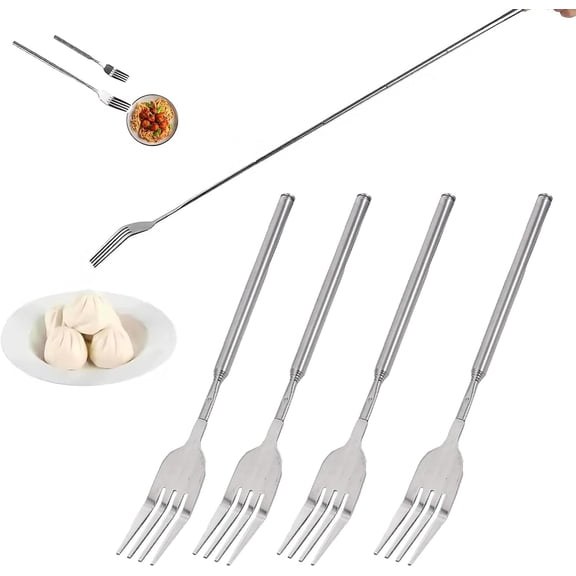 Long Fork Prank Retractable - 8.5 to 24" Telescopic Extended Comically Long Spoon Set, Stainless Steel Expandable Handle Cutlery Tableware, Extendable Dinner Dessert BBQ Fruit Telescoping Fork