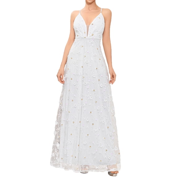 Long Formal Dresses for Lady Women's Wedding Prom Dresses, Flower Embroidery Tulled Formal Evening Party Gowns Chiffon Bridesmaid Backless Dresses White L