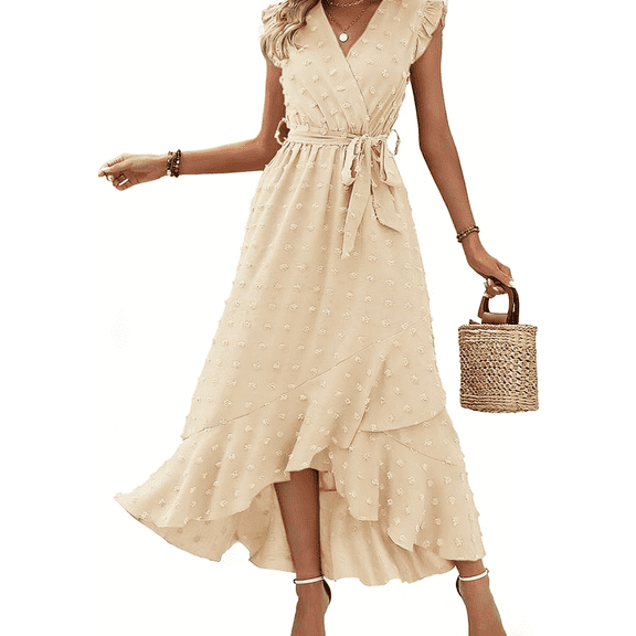 Long Formal Dresses for Women Boho Dresses 2026 Spring Fashion Cap Sleeve Swiss Dot Flowy Ruffle Beach Ruffle Wedding Guest Dresses Cocktail Maxi Dress