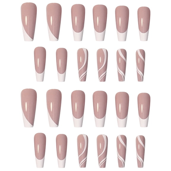 Long French Striped Nails for Women - 24 Piece Press-On Nail Kit for Elegant and Easy Application