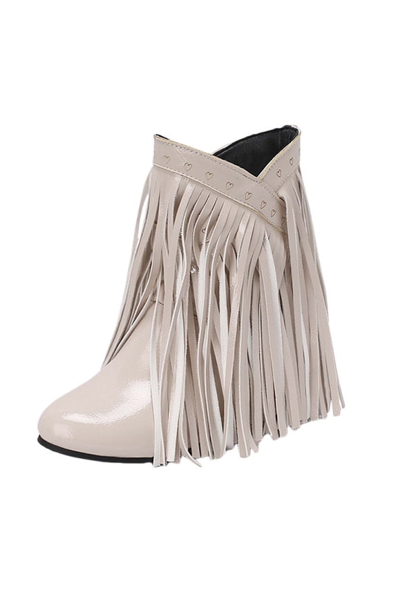 Long Fringe Wide Mid Calf Boots for Women with Hidden Wedges Boho Tassel Leather Round Toe Dress Short Booties