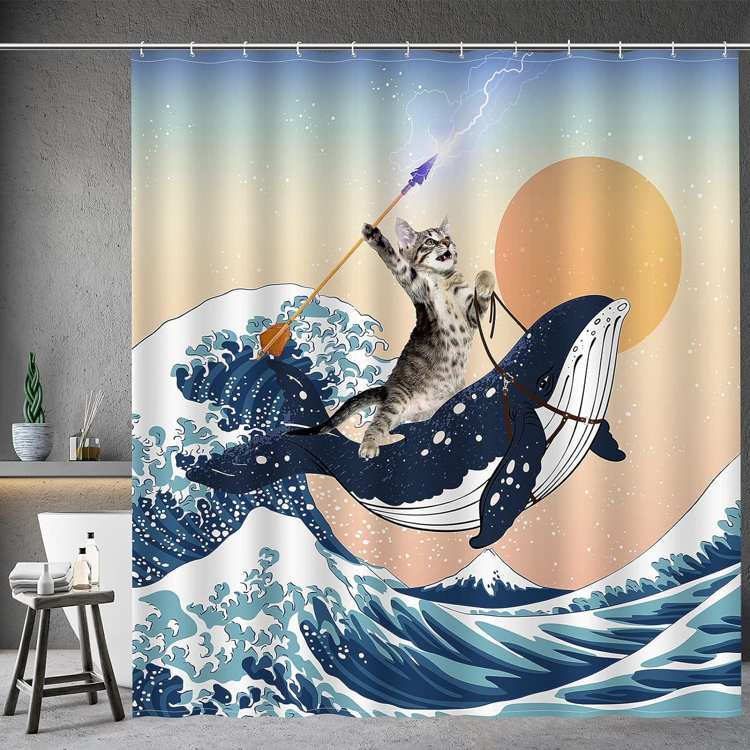 Long Funny Shower Curtain Cute Cat Riding Shark in Ocean Wave, Whale